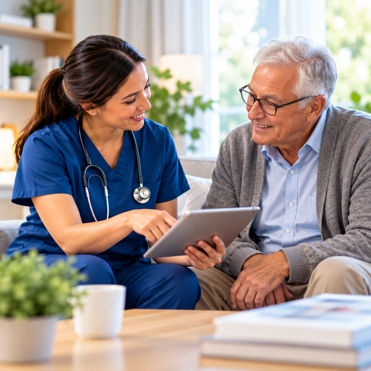 Caring Nurse Guiding Senior with Tablet