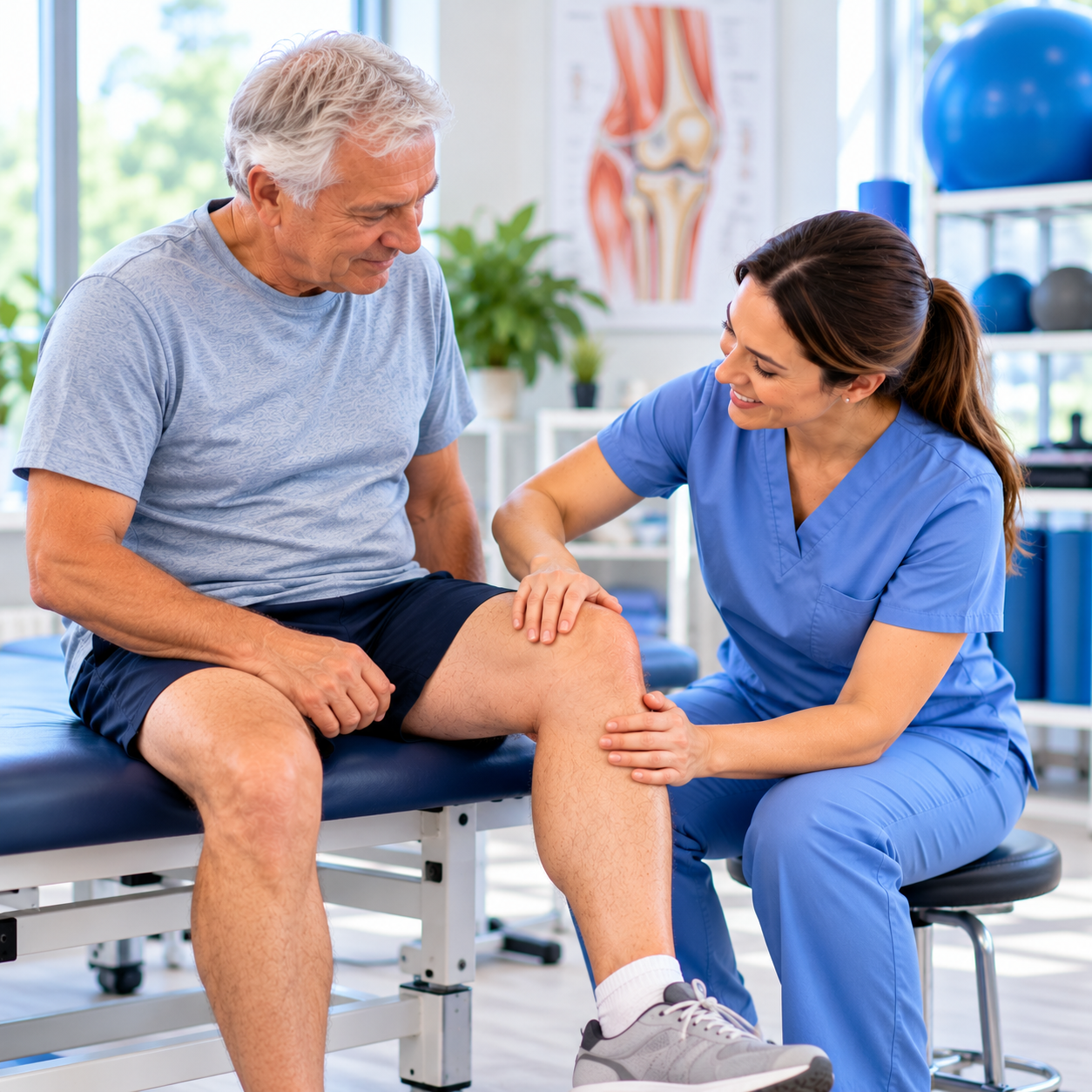 Physical Therapist Assessing Senior’s Knee